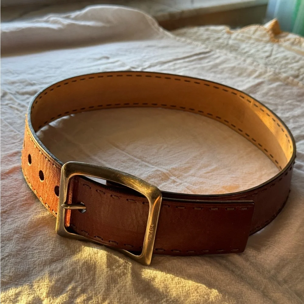 Prada Brown Leather Belt with Gold Buckle - New - Picture 3 of 5